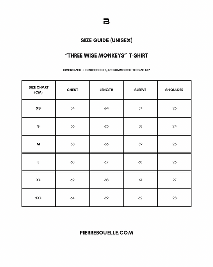 Pierre Bouelle Three Wise Monkeys t-shirt size guide