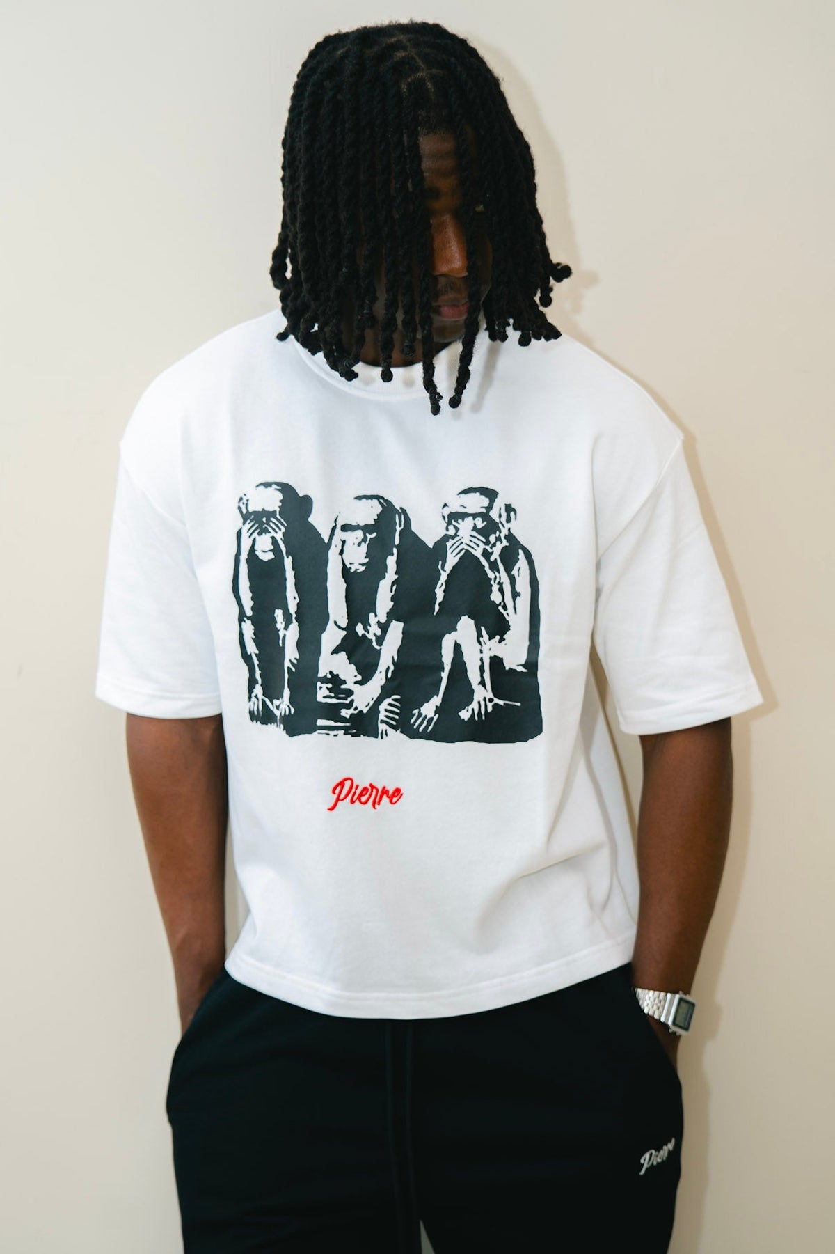 Pierre Bouelle Three Wise Monkeys t-shirt in white, view 2