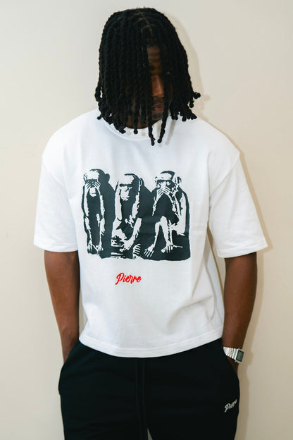 Pierre Bouelle Three Wise Monkeys t-shirt in white, view 2
